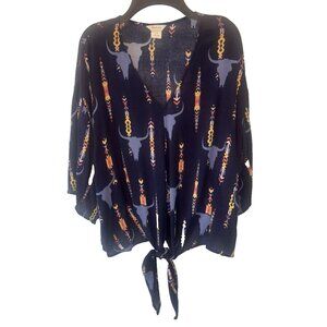 Ariat Womens Navy Blue Tie Front Steer Head V Neck Western Top L Cowgirl Rodeo